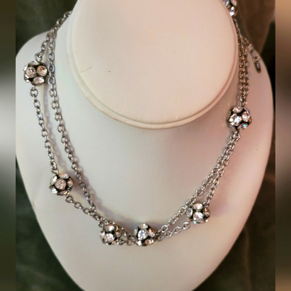 2/$22 Talbots long silver-tone necklace with glass rhinestone globe accents